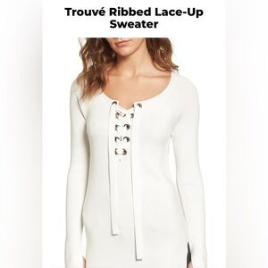 TROUVE | White Ribbed Lace-Up detail Sweater, cotton blend, size small